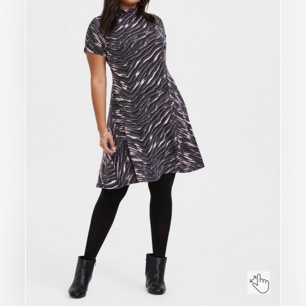 Dark Grey & Pink Zebra Hacci Mock Neck Trapeze Dress